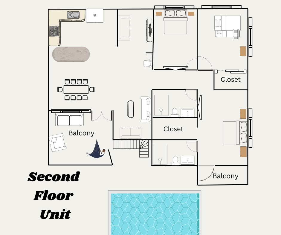 Floor plan of the apartment — not to scale, but it provides a good idea of the layout.