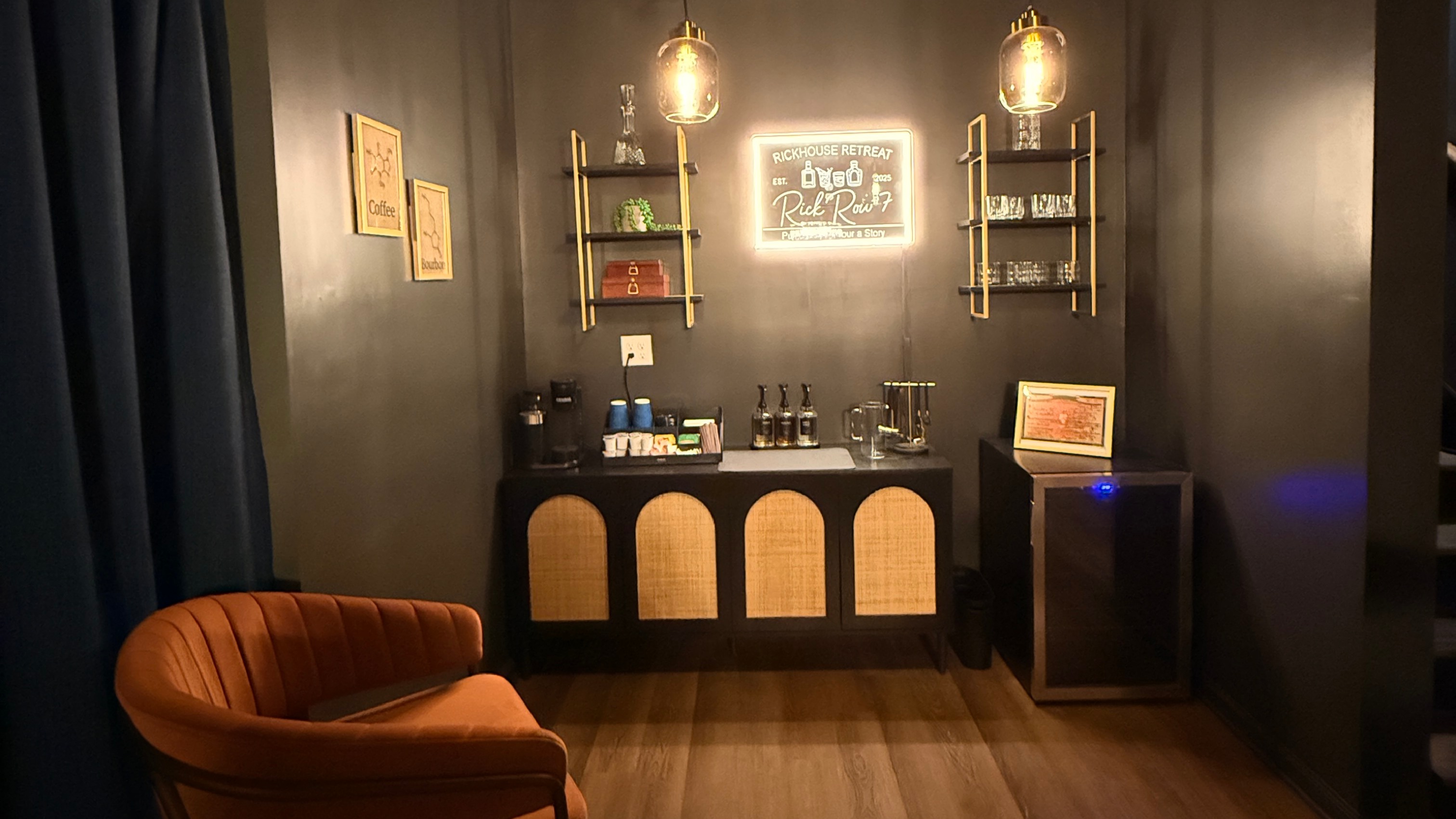 Rick Row 7: Pull a barrel, pour a story — with your favorite drink chilled in the beverage fridge below, from bourbon flights to sparkling water or a soothing cup of tea, the spirit of Kentucky lives right here underground.