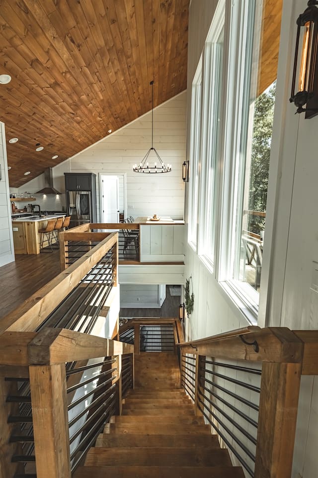 Stairs down to the second level