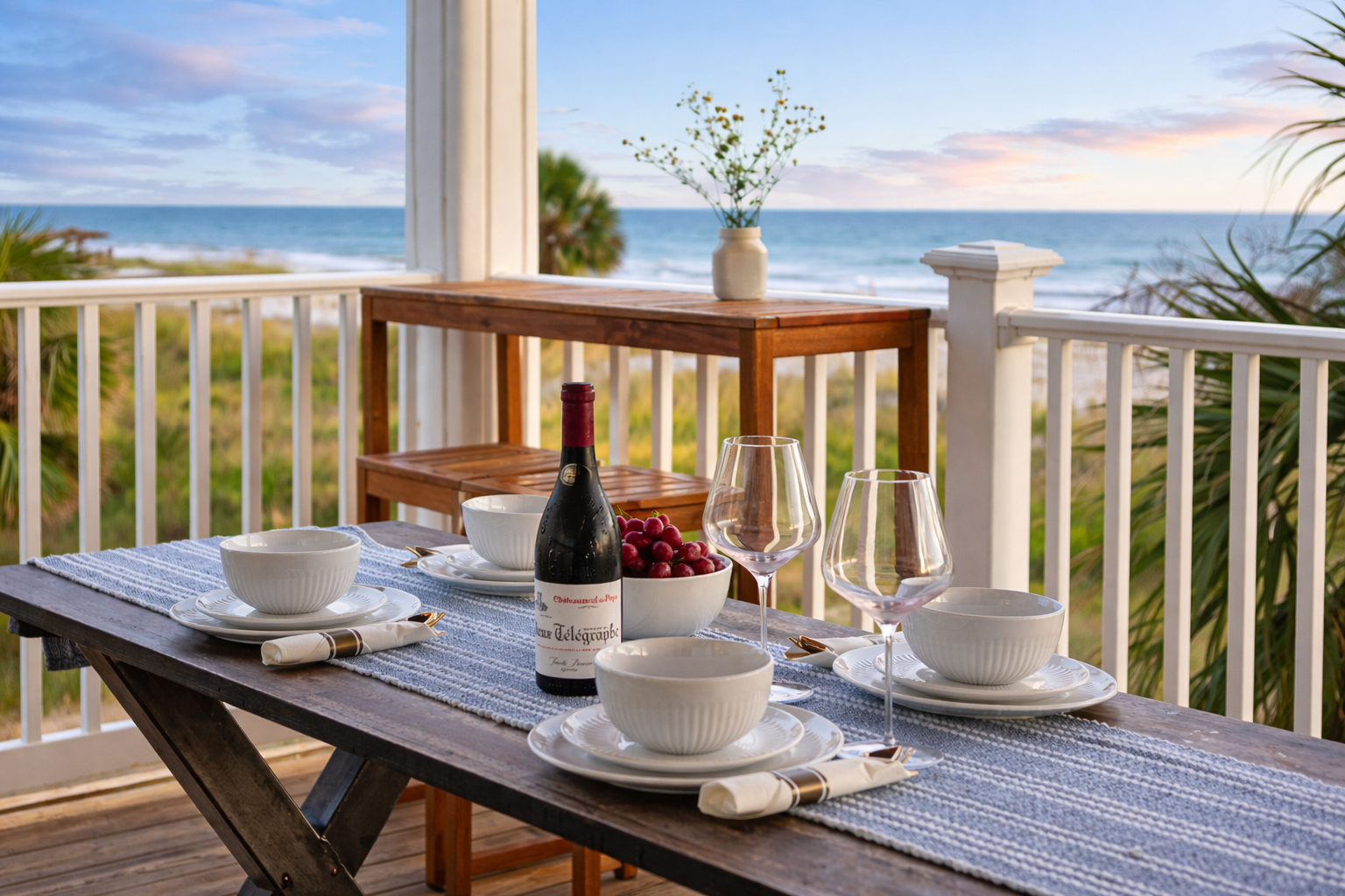 Take meals outside onto the balcony, where ocean breezes and sunset skies create an easy, unforgettable setting
