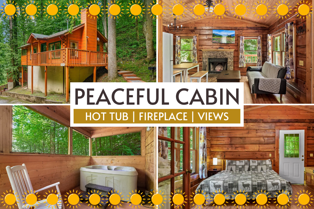 Unwind in a peaceful cabin with a private hot tub, cozy fireplace, and scenic views.