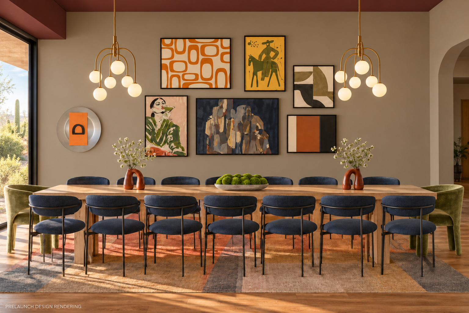 Gather in style—our dining room seats 18 at the table + an additional 6 at the bar, with rich Merlot ceilings, brass lighting, and a curated gallery wall setting the mood for memorable meals