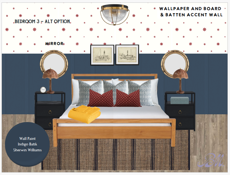 Refreshed lower level bedroom w/ bold bedding & a comfortable layout.