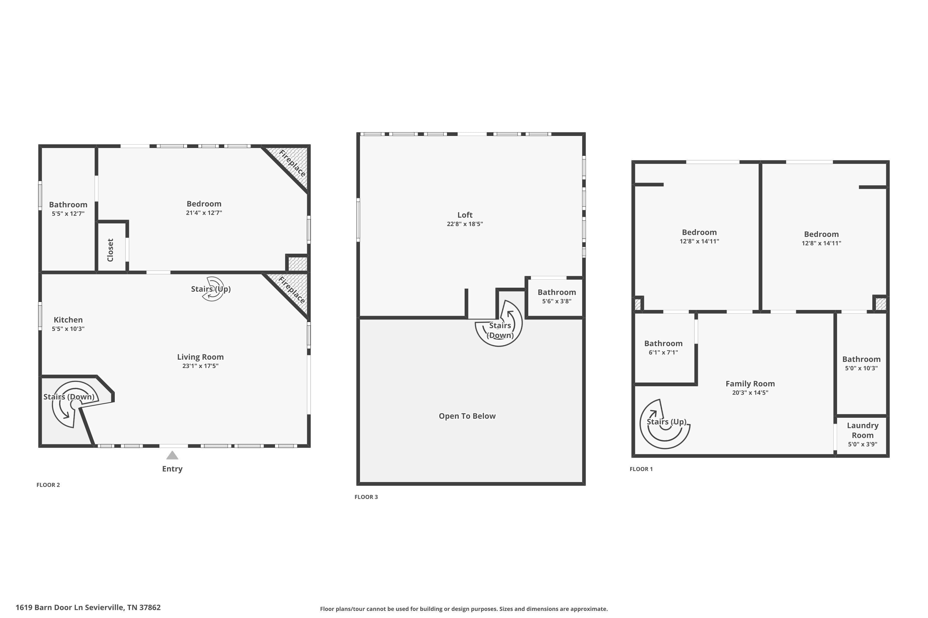 Cabin floor plan for main level, lower level, & upper level - 2500 sqft total.