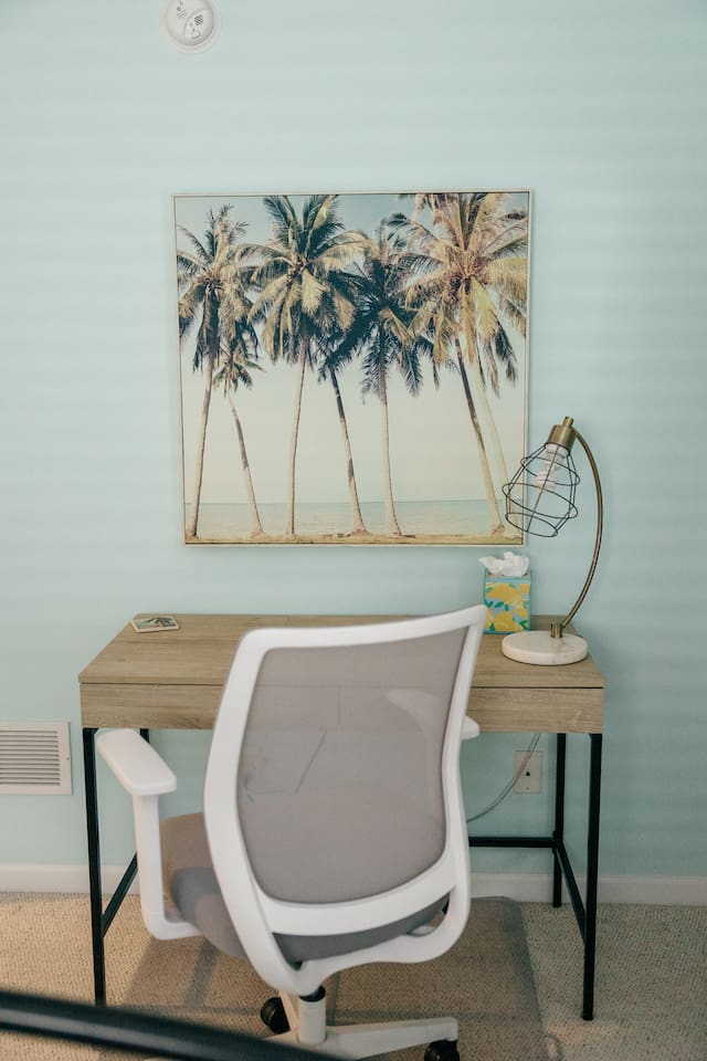 Workspace is located in upstairs bedroom. Perfect space if you need to do Zoom calls, or work in a quiet location. Fast internet speeds also help you work efficiently.