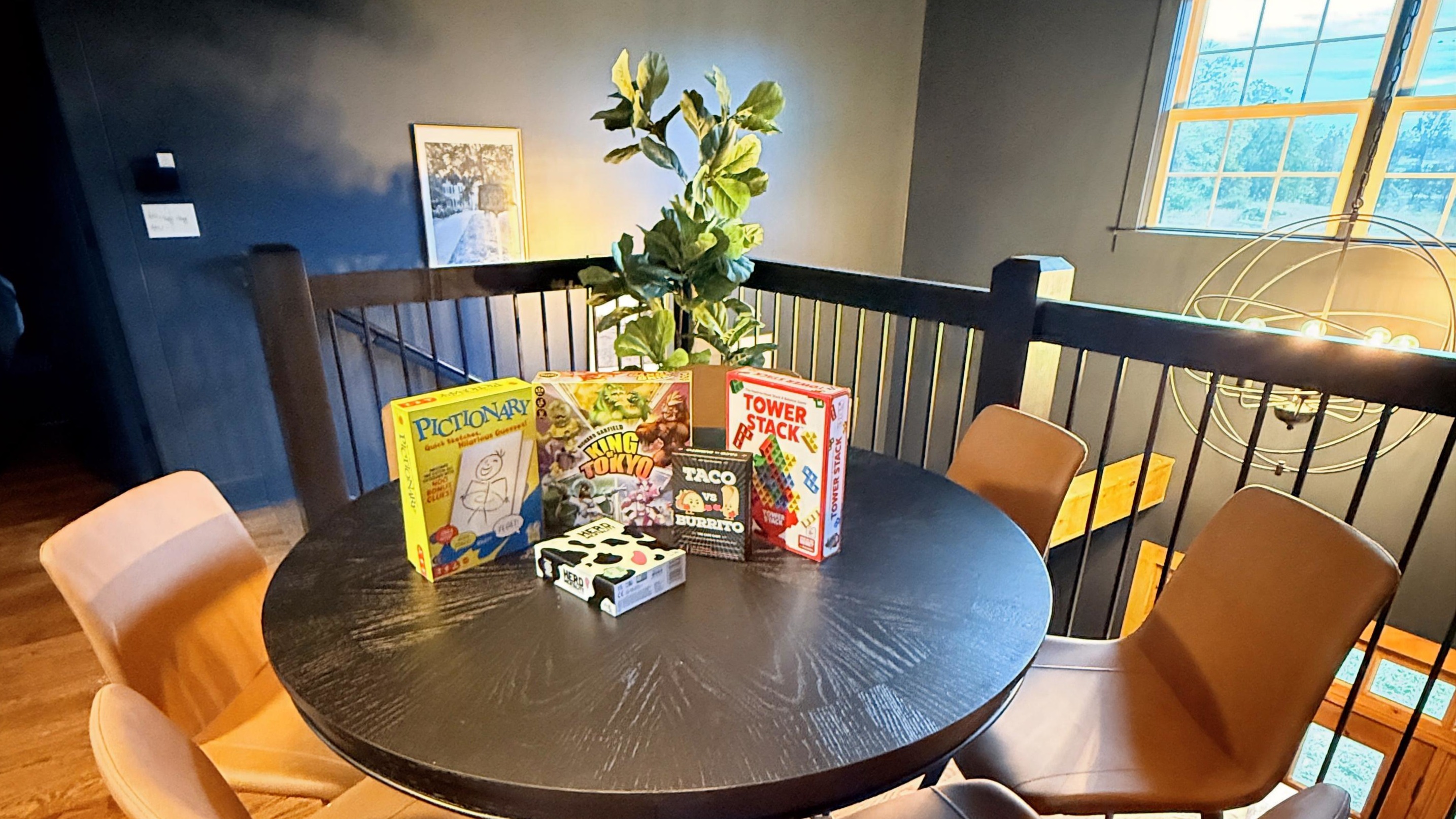 A table with the poker top removed is perfectly made for board games, bourbon flights, and midnight conversations.