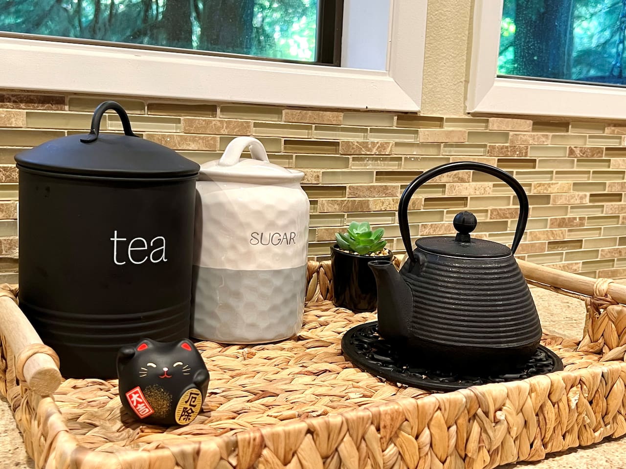 Tea area includes tea pot and electric kettle