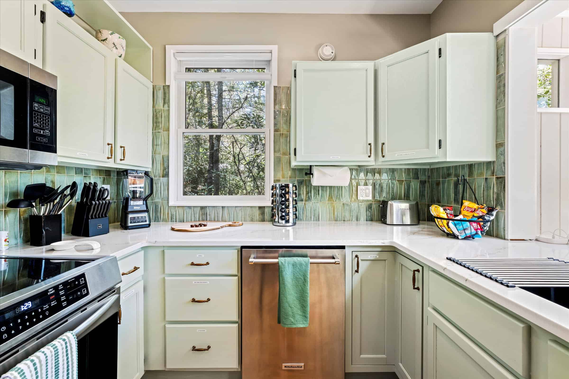 There is plenty of counter space to prepare meals.