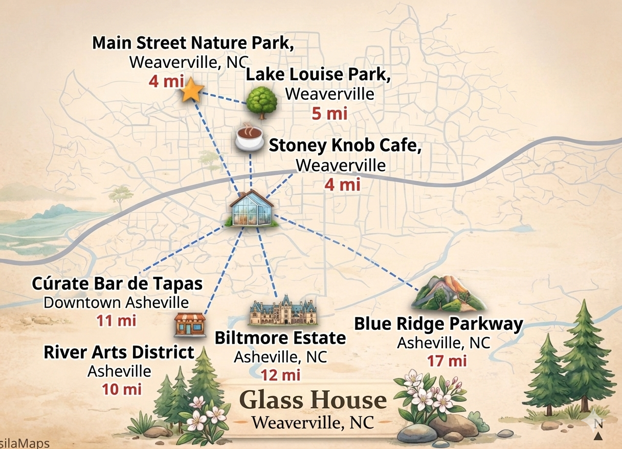 {Location} Tucked into the mountains, yet just minutes from Asheville’s best restaurants, breweries, and iconic destinations — 12 min to the Biltmore and 15 min to downtown Asheville.