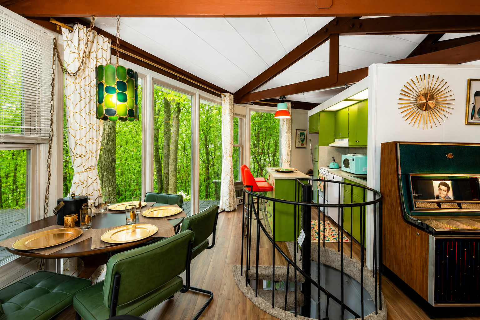 Full but small kitchen with dishwasher, stove, microwave and seating areas. Enjoy meals surrounded by trees. 