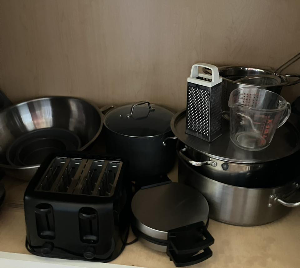 We provide plenty of pots and pans, as well a a toaster and waggle maker!