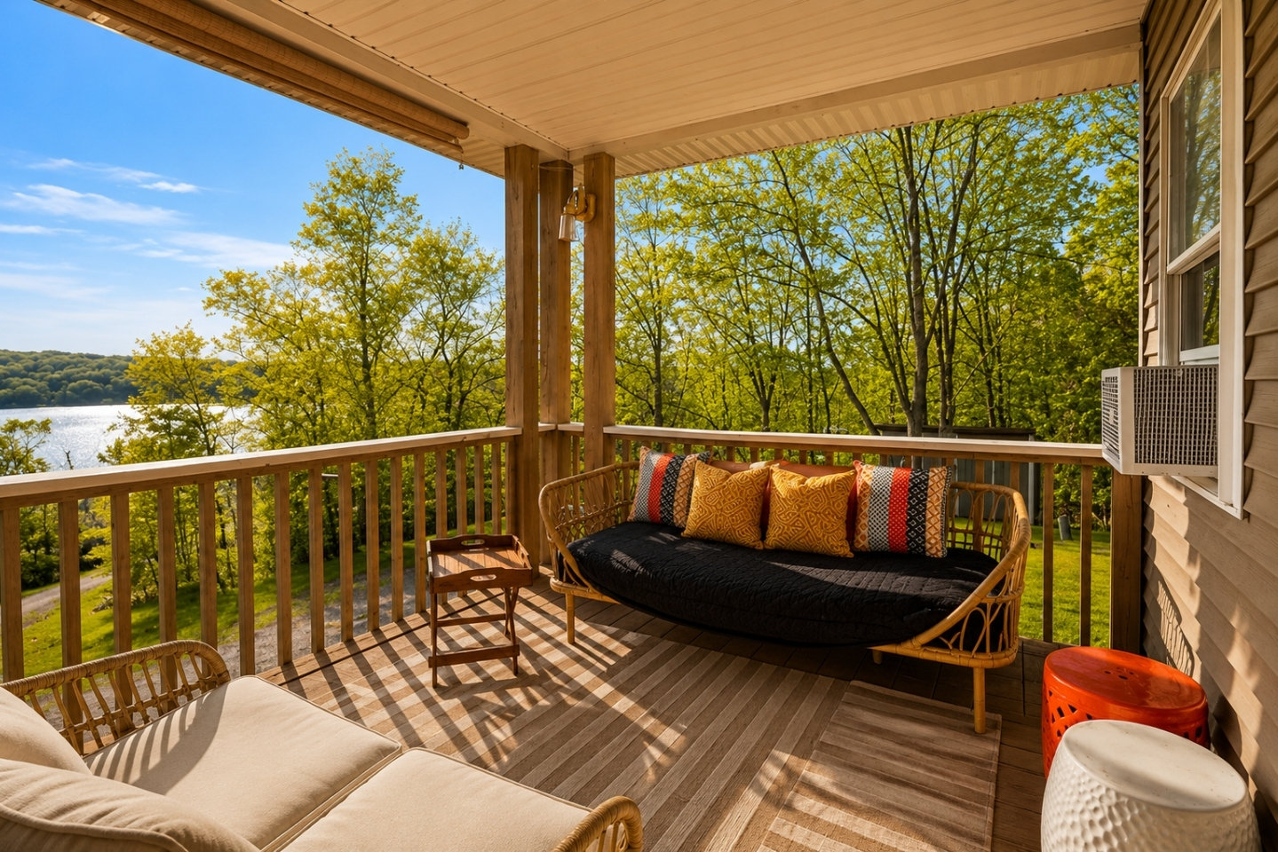 Enjoy the ultimate relaxation on this picturesque deck, featuring a cozy swing bed and stylish seating, all overlooking the tranquil waters. 