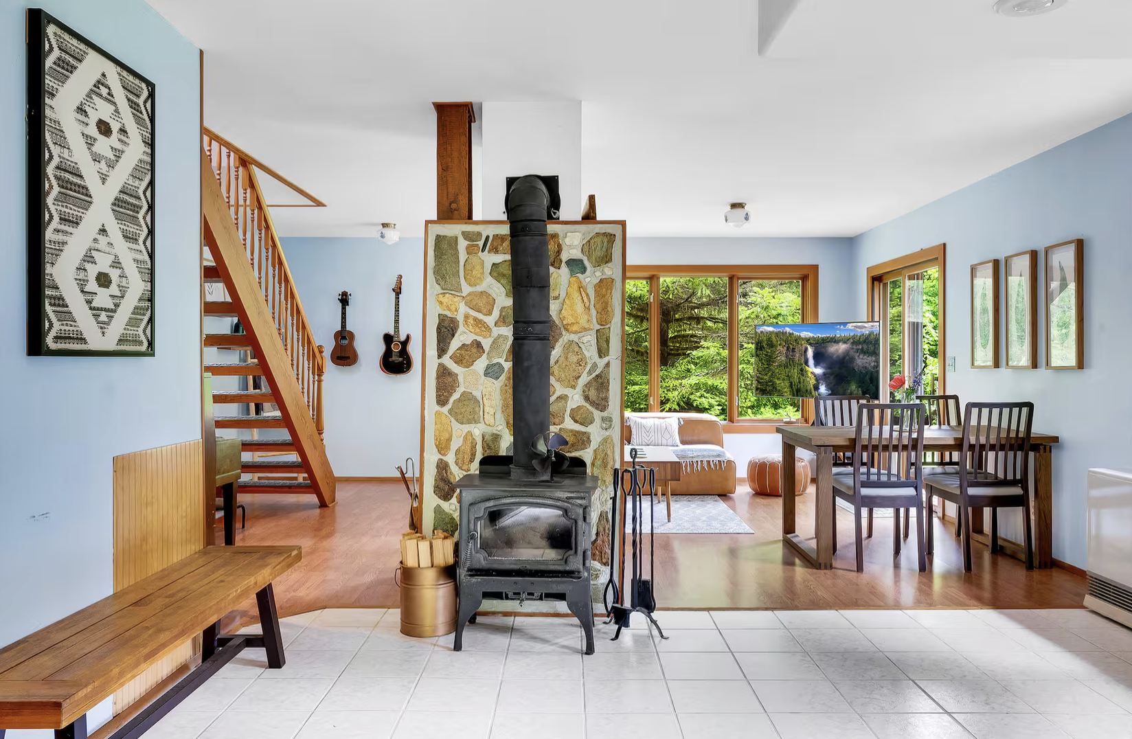 A wood burning fireplace to keep you and warm and cozy during your stay