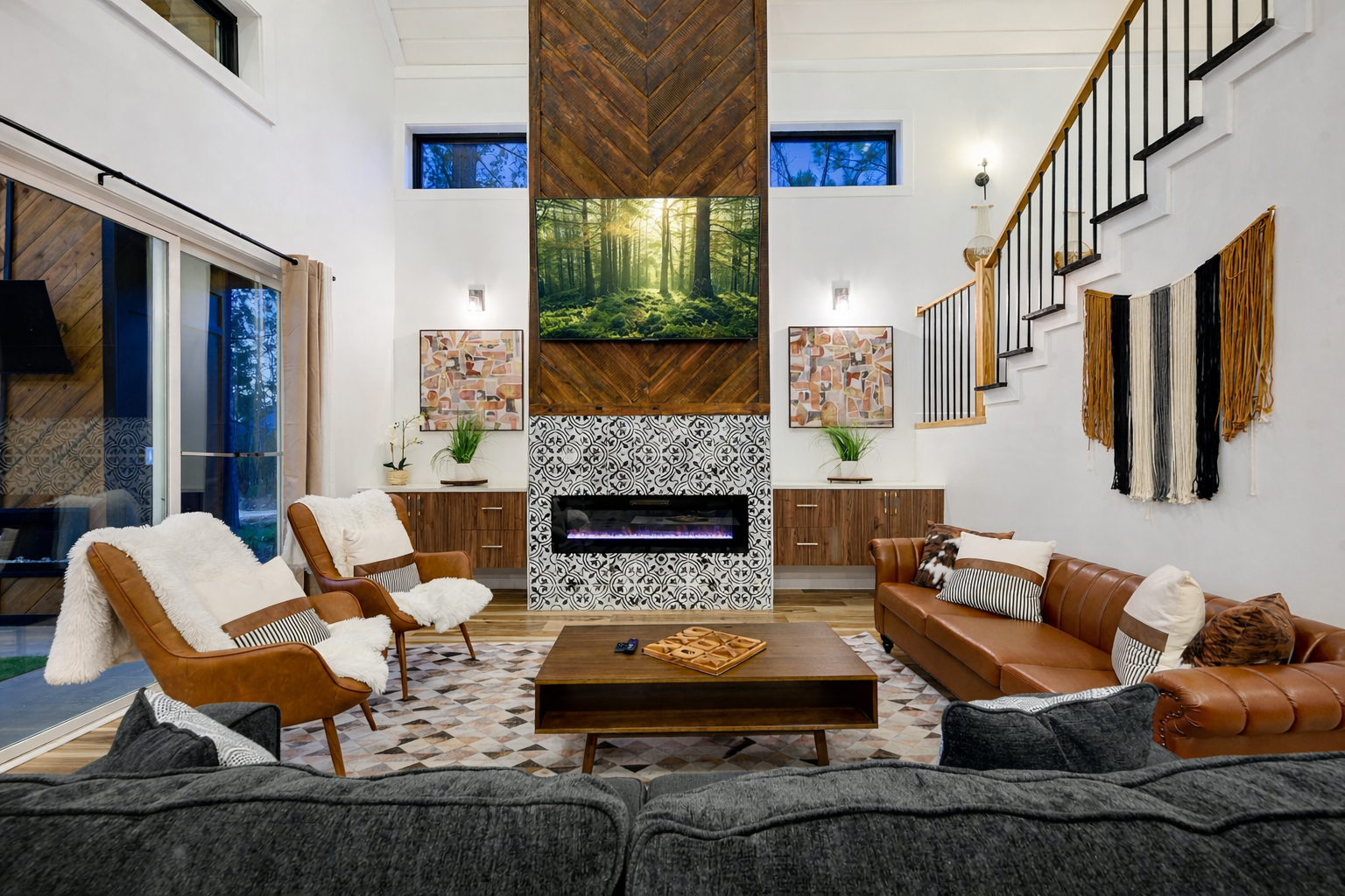 Curl up by the tiled fireplace and unwind after a day of outdoor  adventures