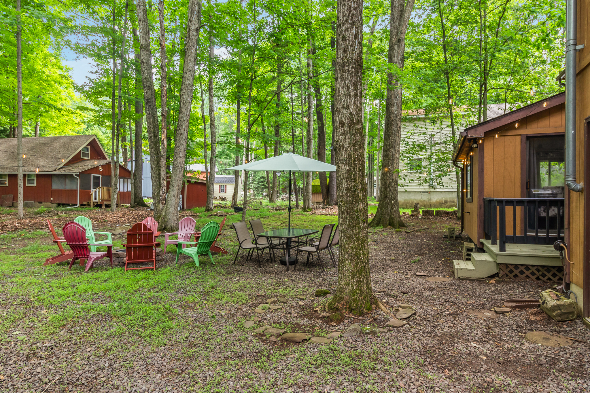 Backyard with firepit, table and seating