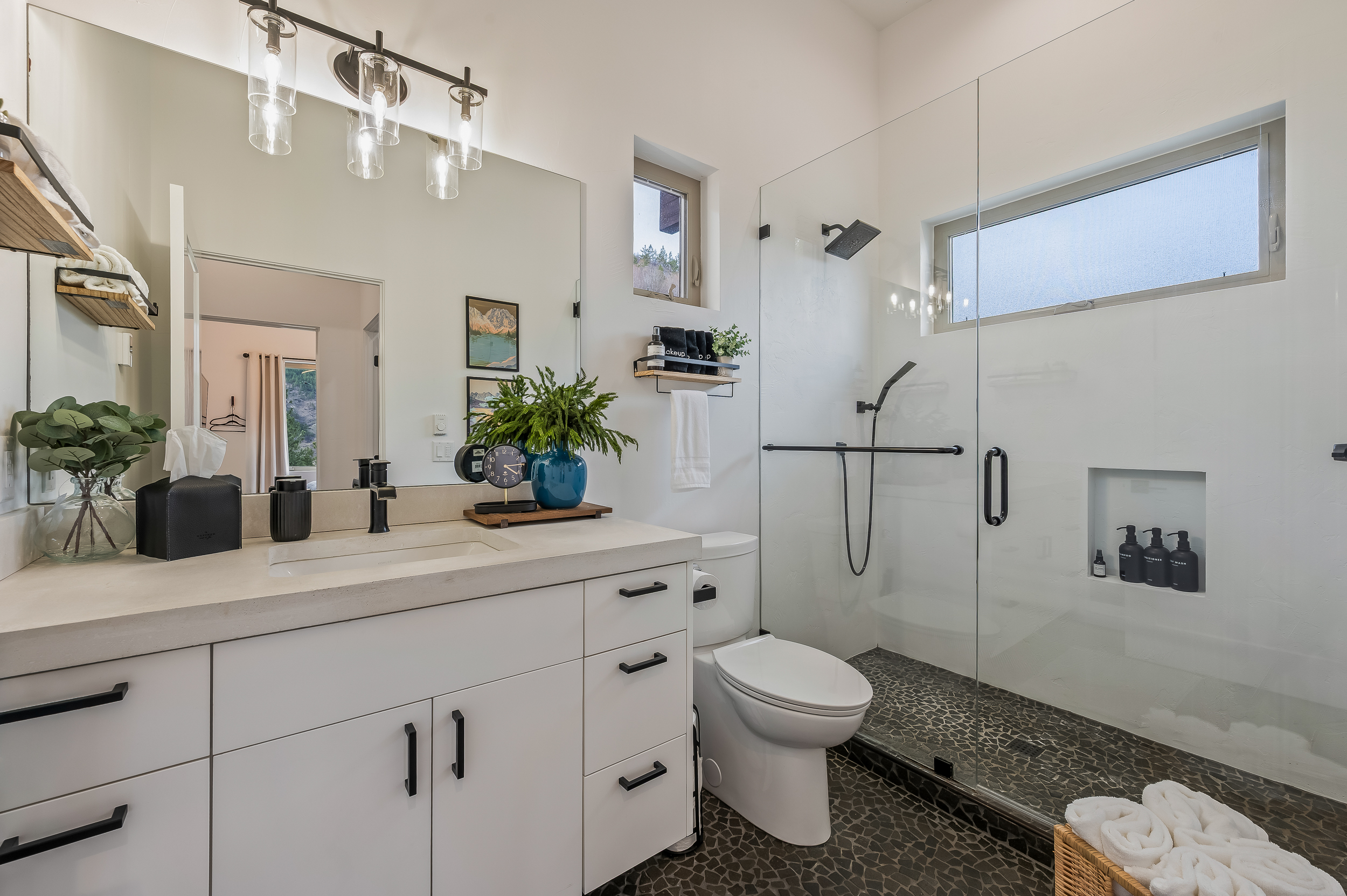Bathroom with large walk-in shower and heated floors