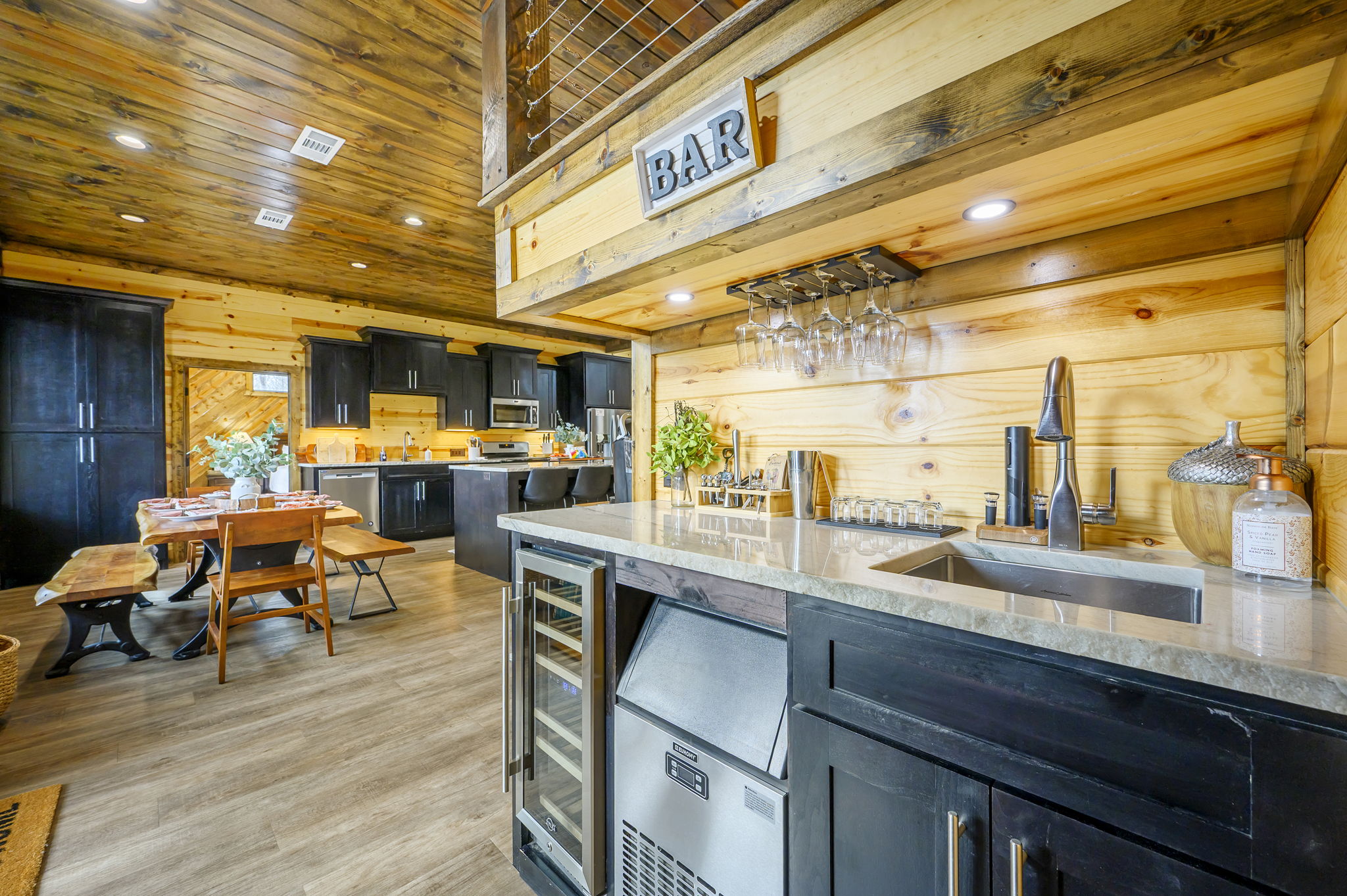 The heart of the cabin—where families reconnect, friends celebrate, and memories are shared around the table.