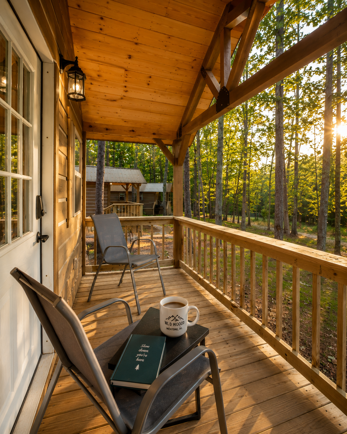 Morning coffee on the porch at Wild Wood Cabins
