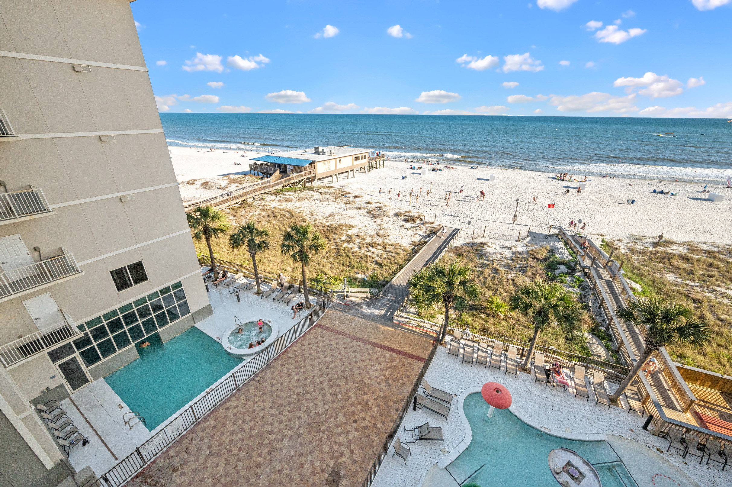 View of the beach and pools