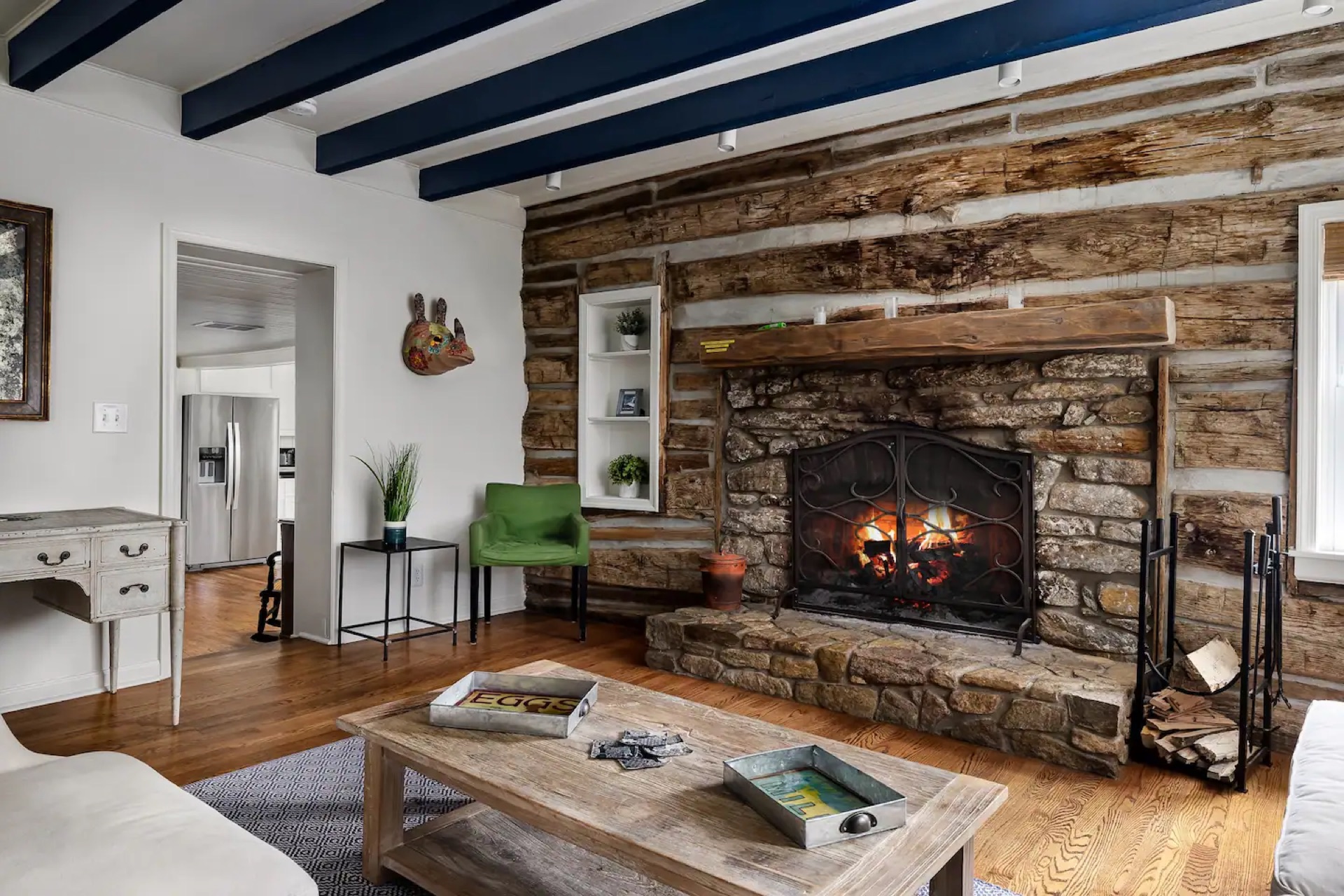 Stone fireplace in the farmhouse