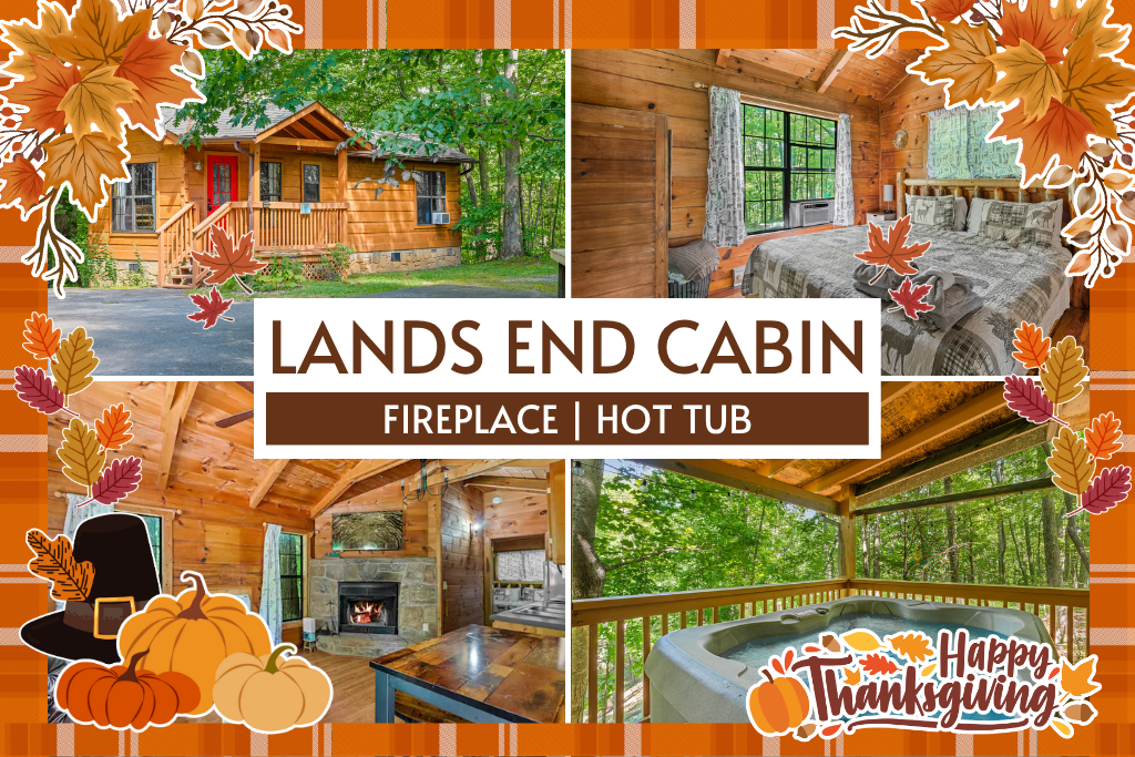 Lands End Cabin is a private log retreat with hot tub, fireplace, and peaceful forest views.