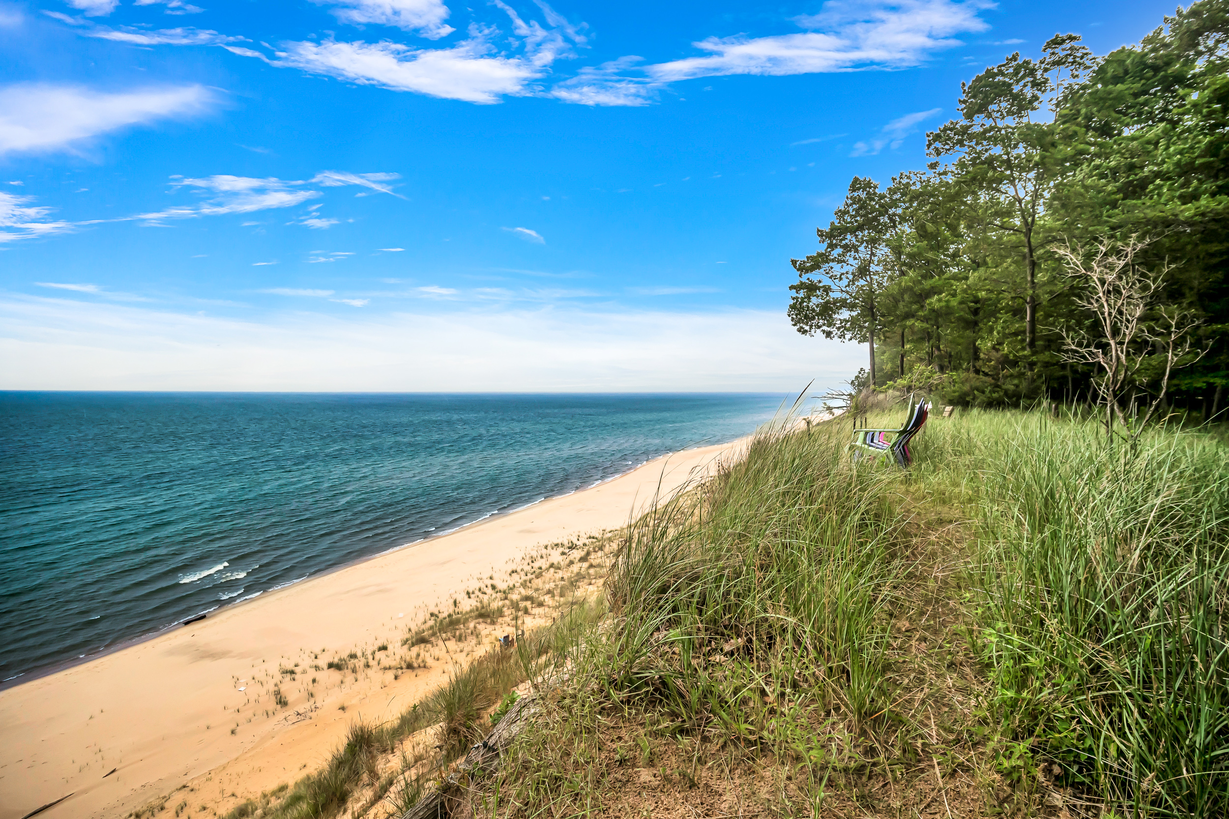 Be sure to spend some time in one of our 8 bluff chairs overlooking Lake Michigan, White Lake and the White Lake Channel visible to the south. Steps required to access the beach.