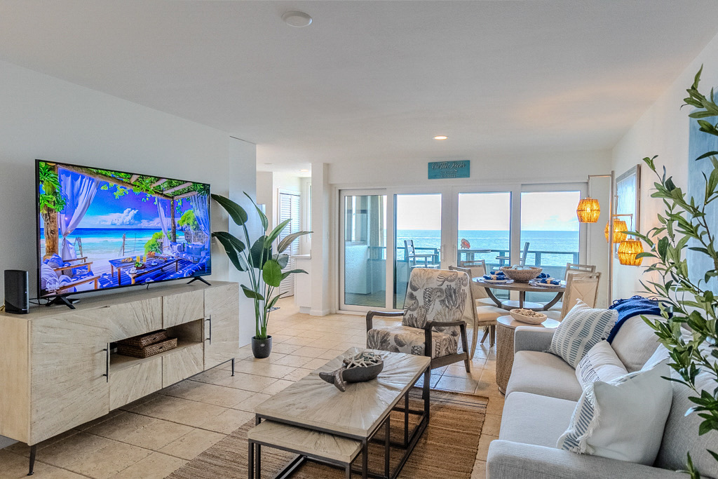 Living room decked out in designer furniture and a queen sleeper sofa.