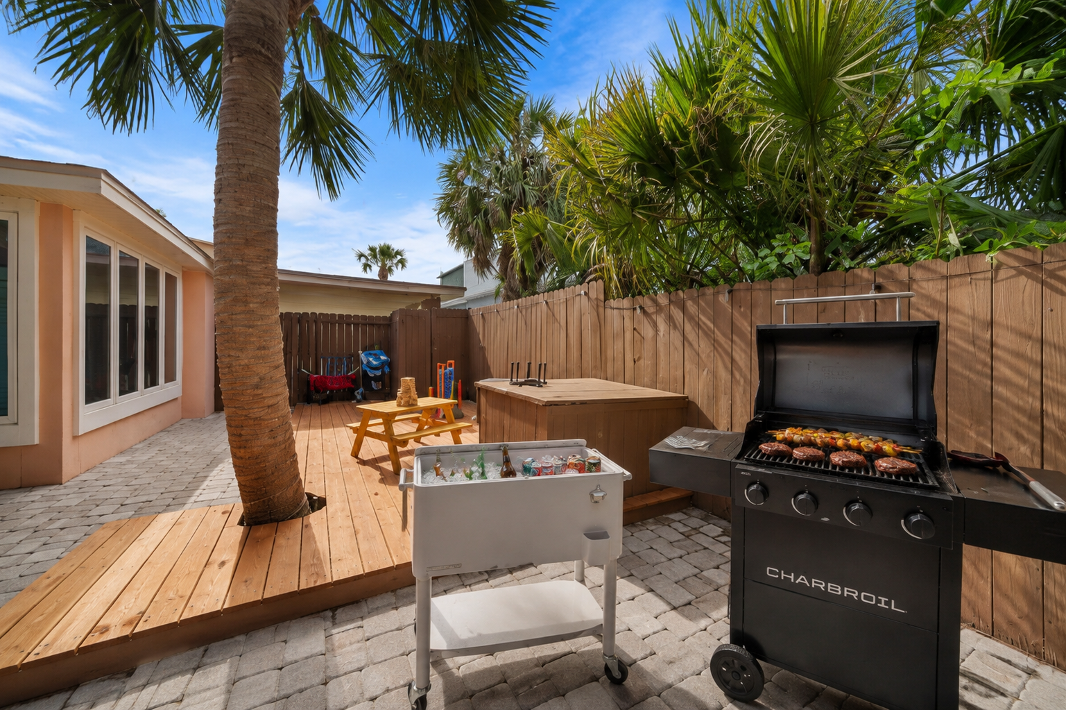 The grill station comes with a rolling beverage cooler cart so drinks stay cold while you cook.  No running inside, no interruptions, just backyard grilling done right.