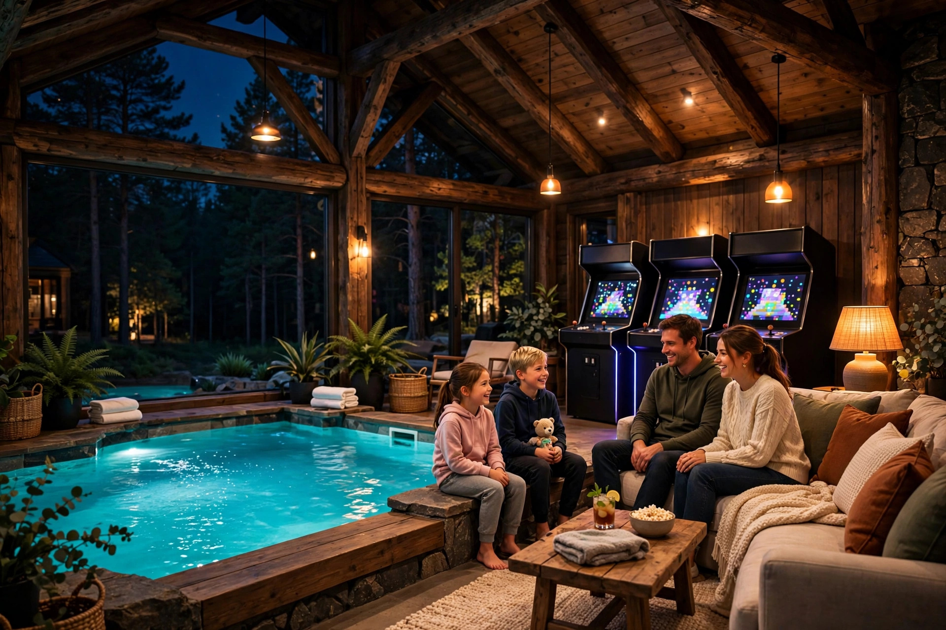 Illustration: glowing indoor pool at dusk inside a luxury Smoky Mountain cabin