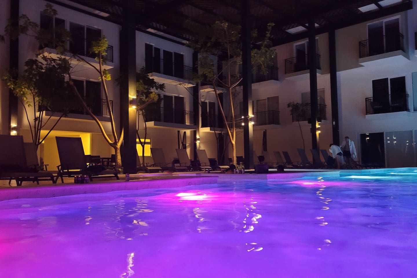 Nighttime view of pool