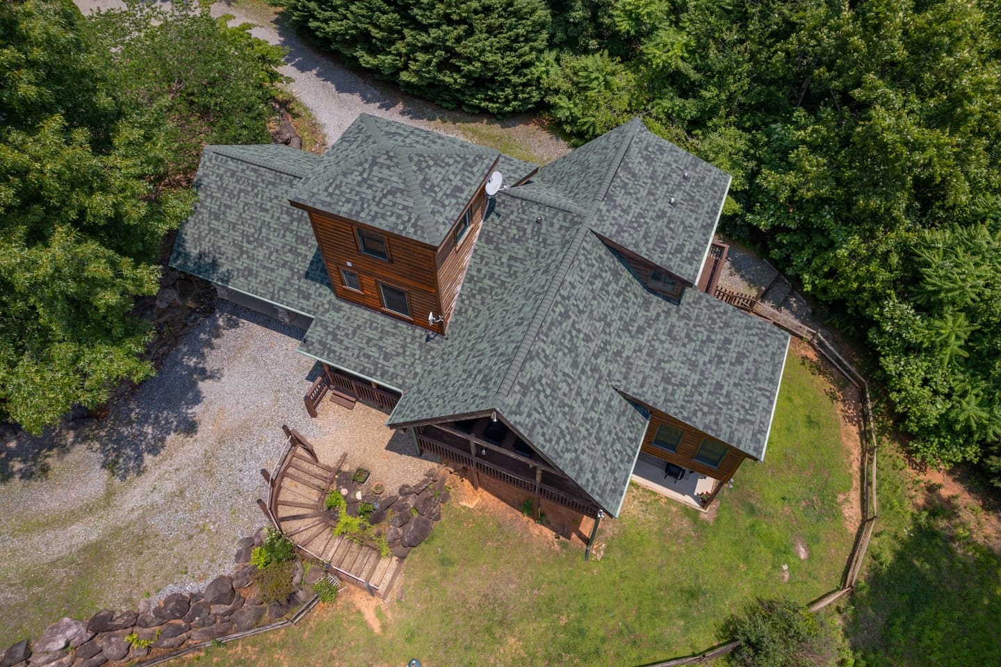 Aerial view of cabin and surrounding area.  Property sits on 2 acres of privacy!
