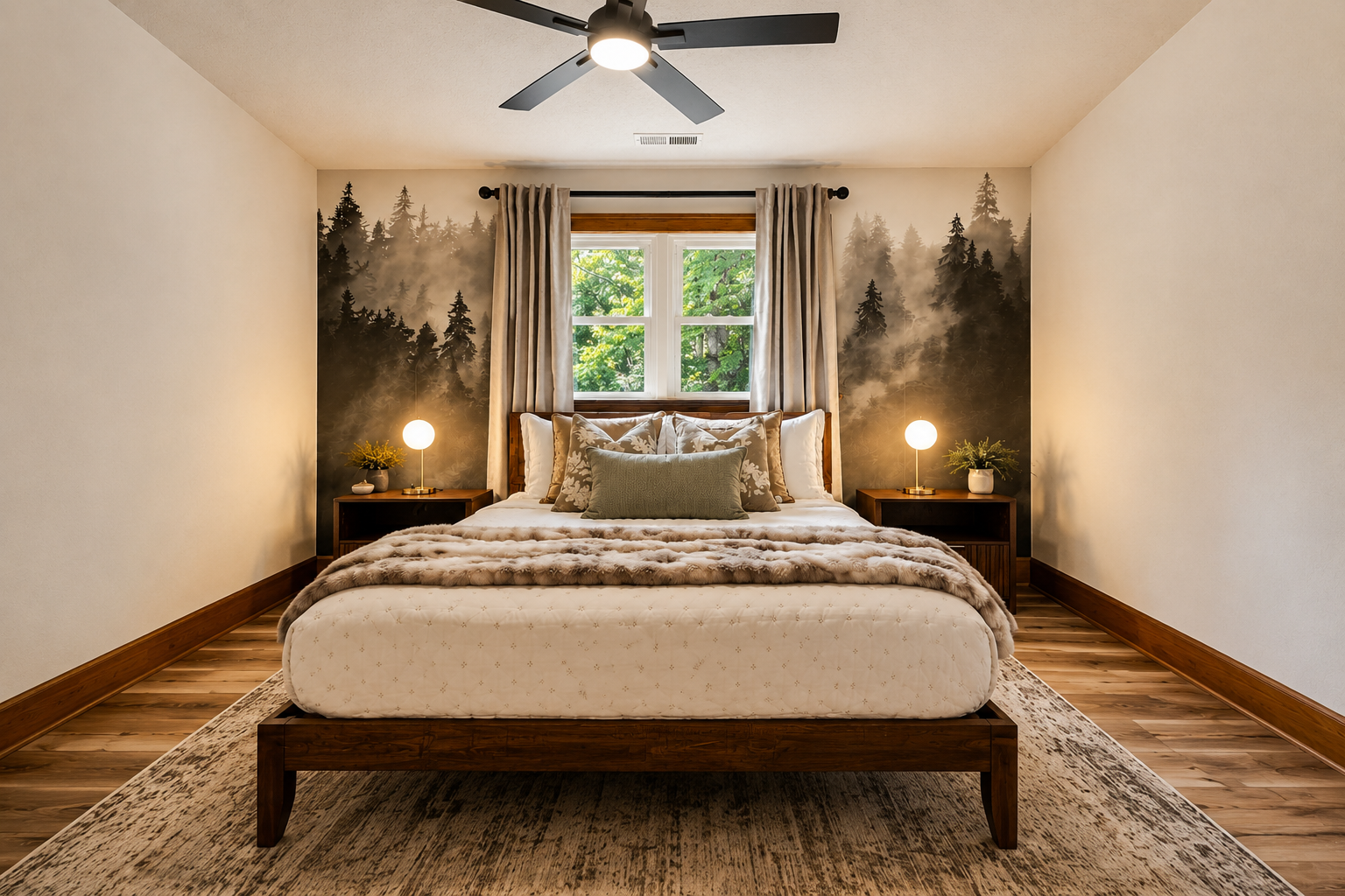 {Bedroom 3} With a serene forest-inspired accent wall, cozy bedding, and large windows that welcome natural light, this bedroom is designed for peaceful mountain mornings.
