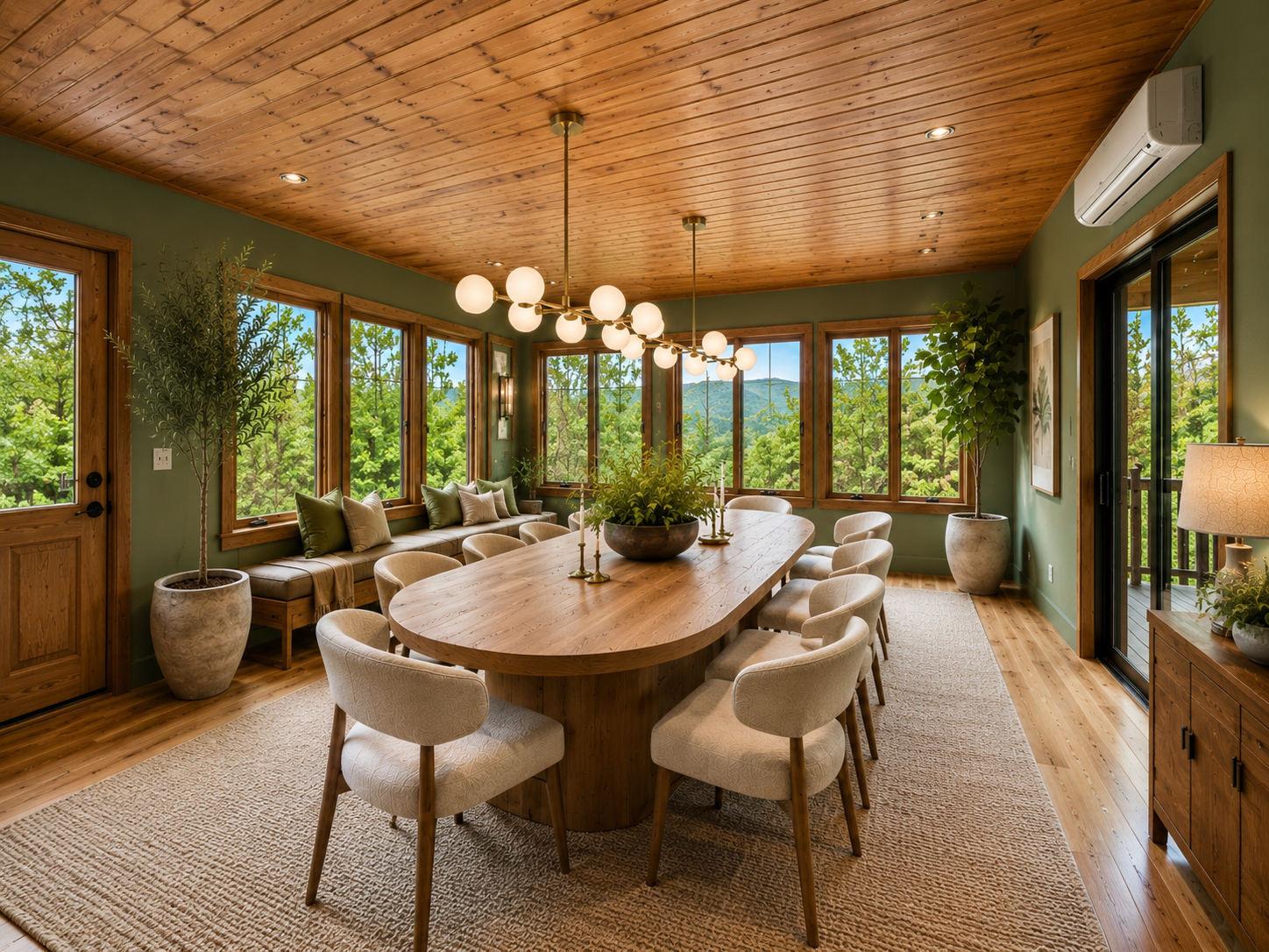 {Sunroom} Bathed in natural light and surrounded by forest views, the sunroom is made for slow mornings, afternoon conversations, and quiet moments immersed in the beauty of Pisgah Forest.