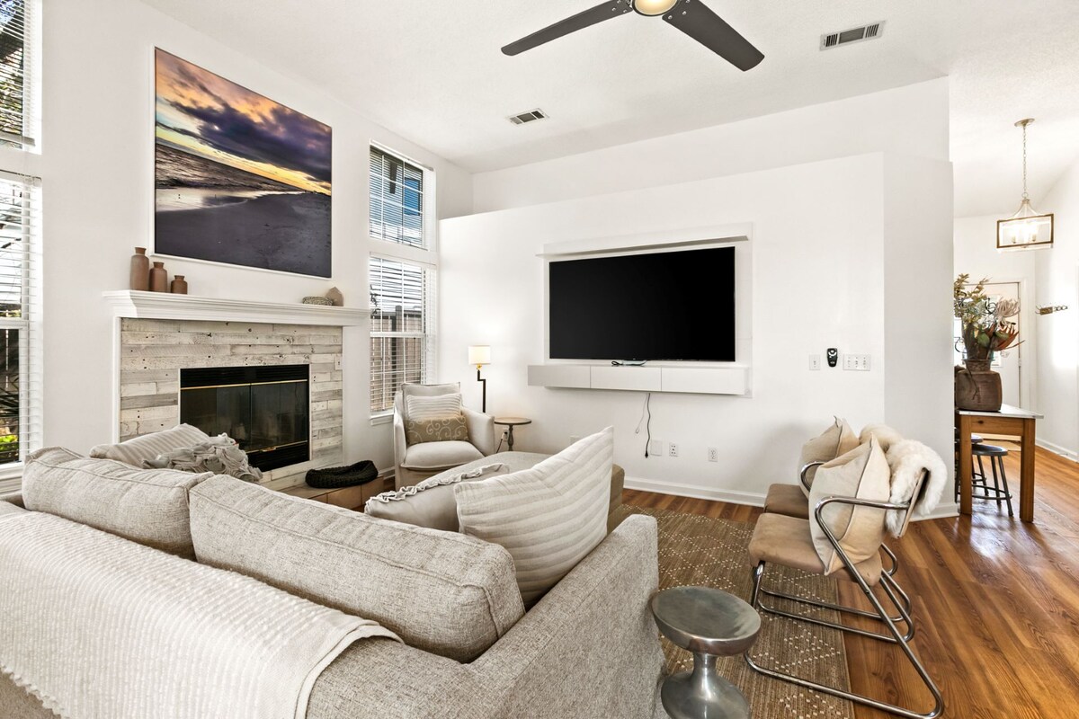 Relax in the living room and warm up by the indoor fireplace