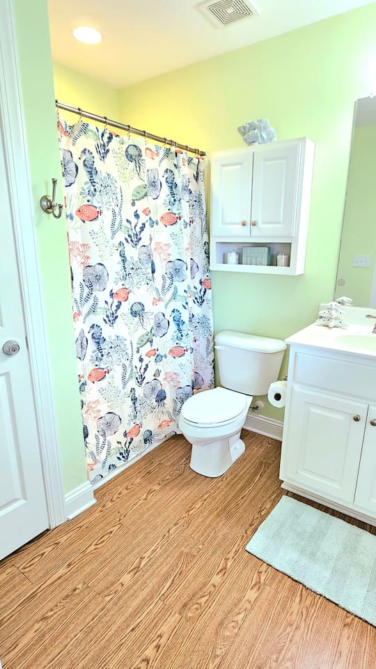 Bathroom attached to downstairs master room. Towels provided. Starter shampoo, conditioner, soap and toilet paper provided. 