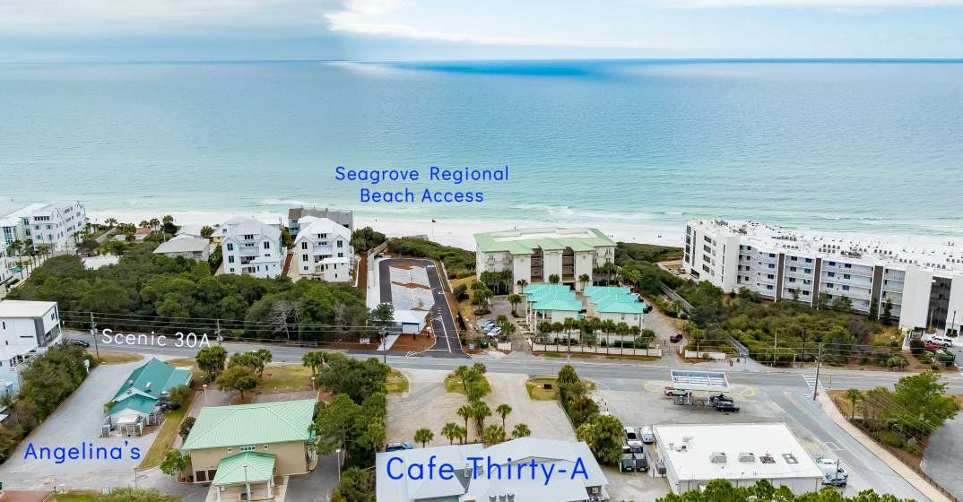 The home is directly across the street from the NEW Seagrove Regional Beach Access. It offers parking for both golf carts and cars, along with public restrooms. The access is located right in front of Cafe 30A, which sits just behind the home. 
