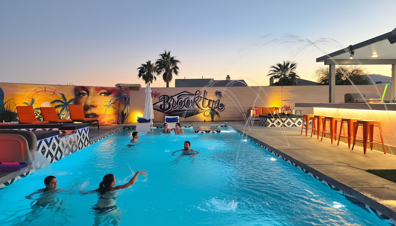 The 40' saltwater pool has oversized baja ledges on both ends of the pool and is approximately 5 feet deep in the middle.