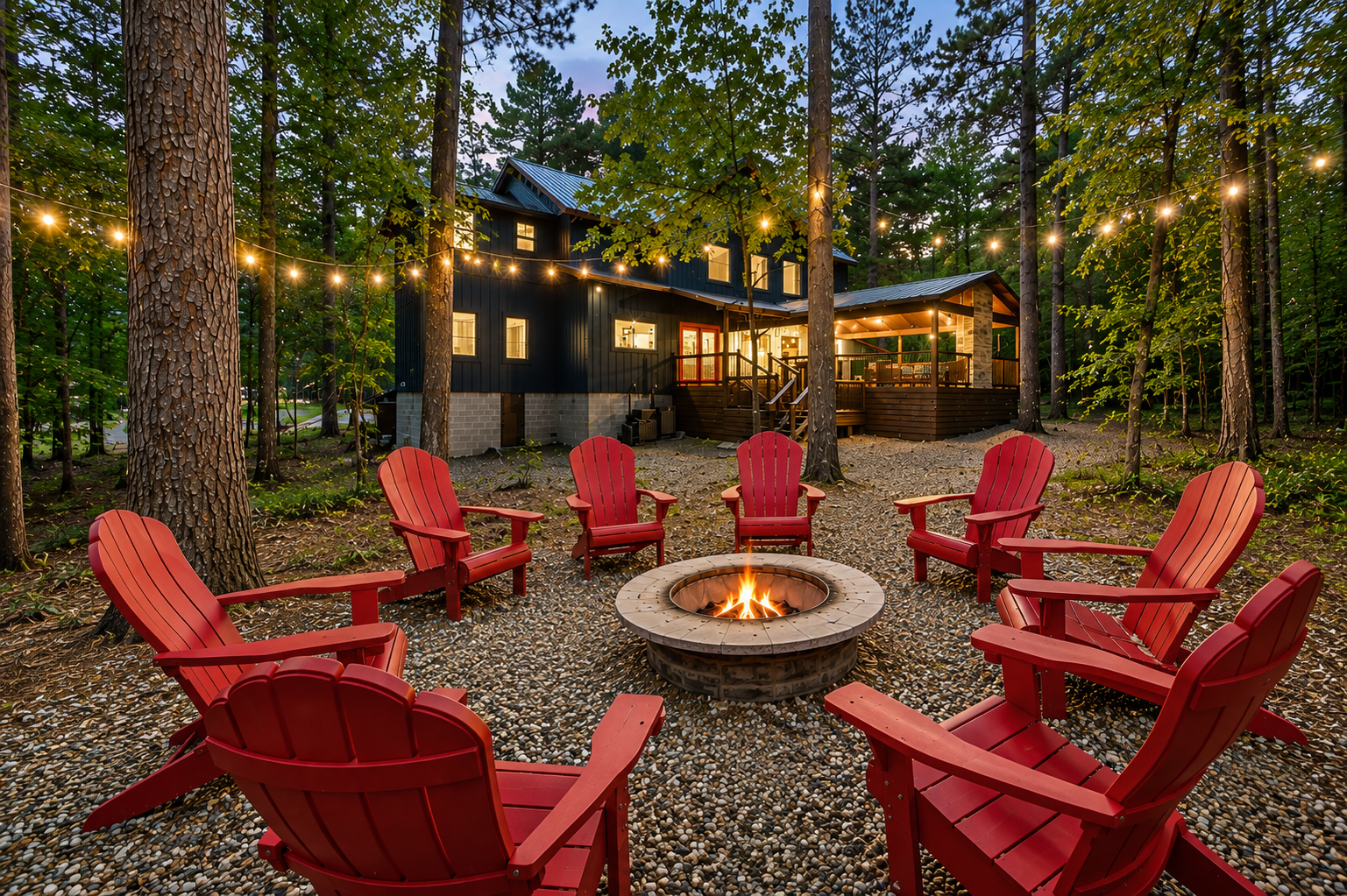 Cozy firepit nights under the string lights — guest favorite!