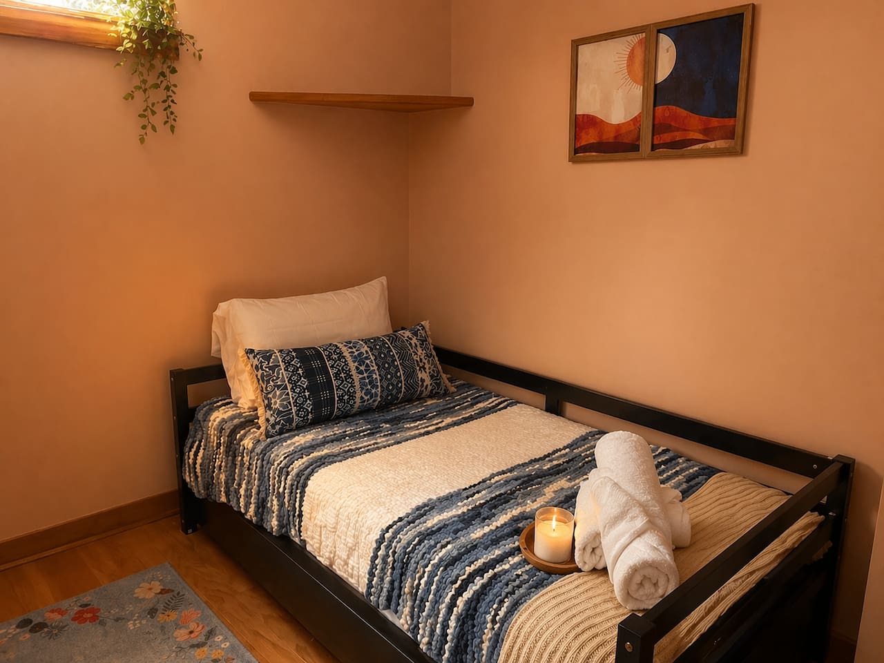 Step into a tranquil Zen retreat designed for calm and comfort. This cozy daybed space blends soft textures, warm tones, and minimalist design—perfect for meditation, reading, or unwinding after a day by the lake.