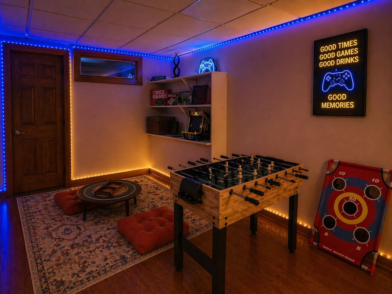 Fun-filled game room with foosball, Pac-Man arcade, board games, puzzles, domino, and cornhole—relax on floor pillows or gather around for game nights, creating the perfect space for entertainment, laughter, and unforgettable moments for all ages