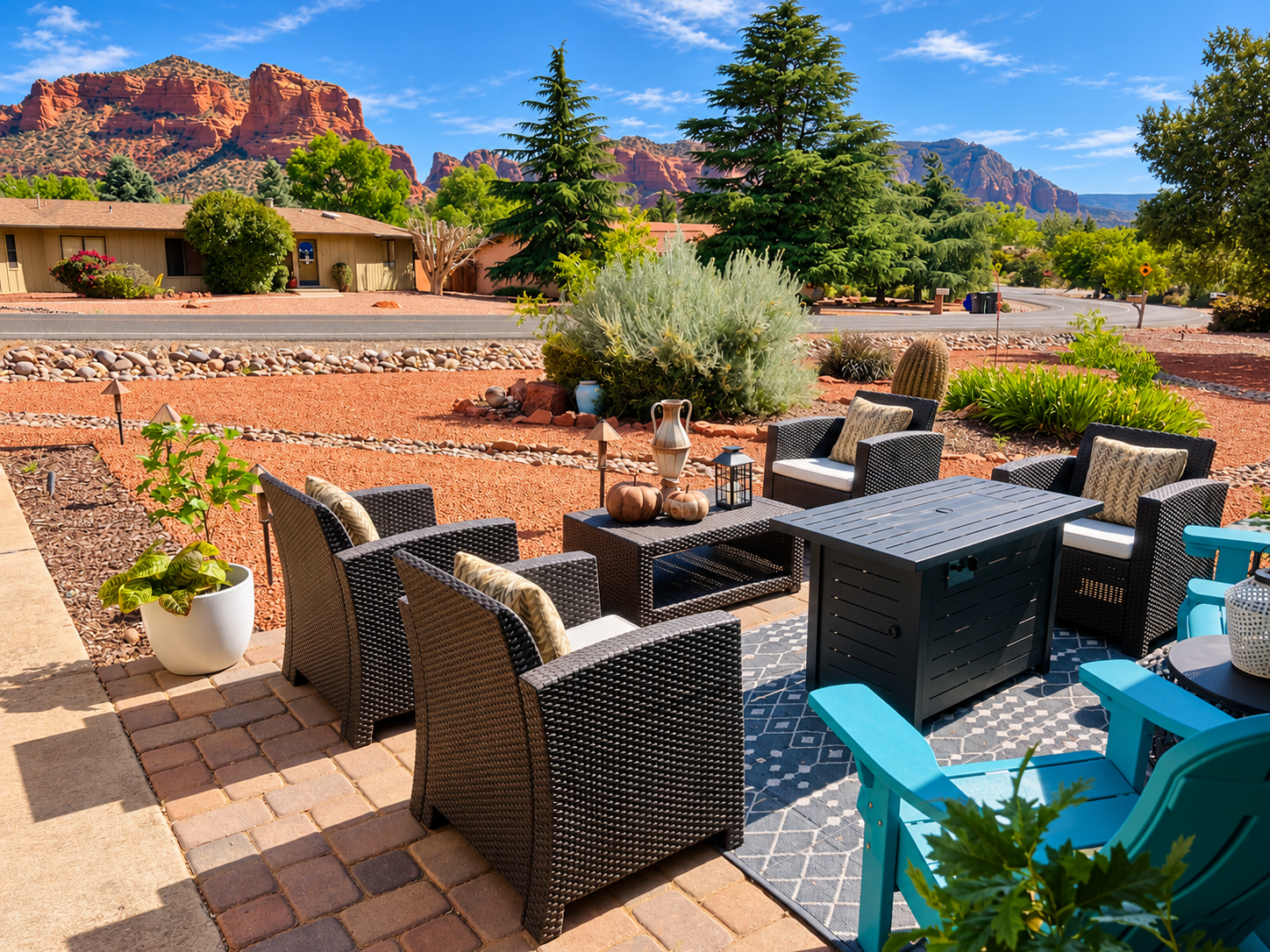 Front yard outdoor dining area with iconic red rock views