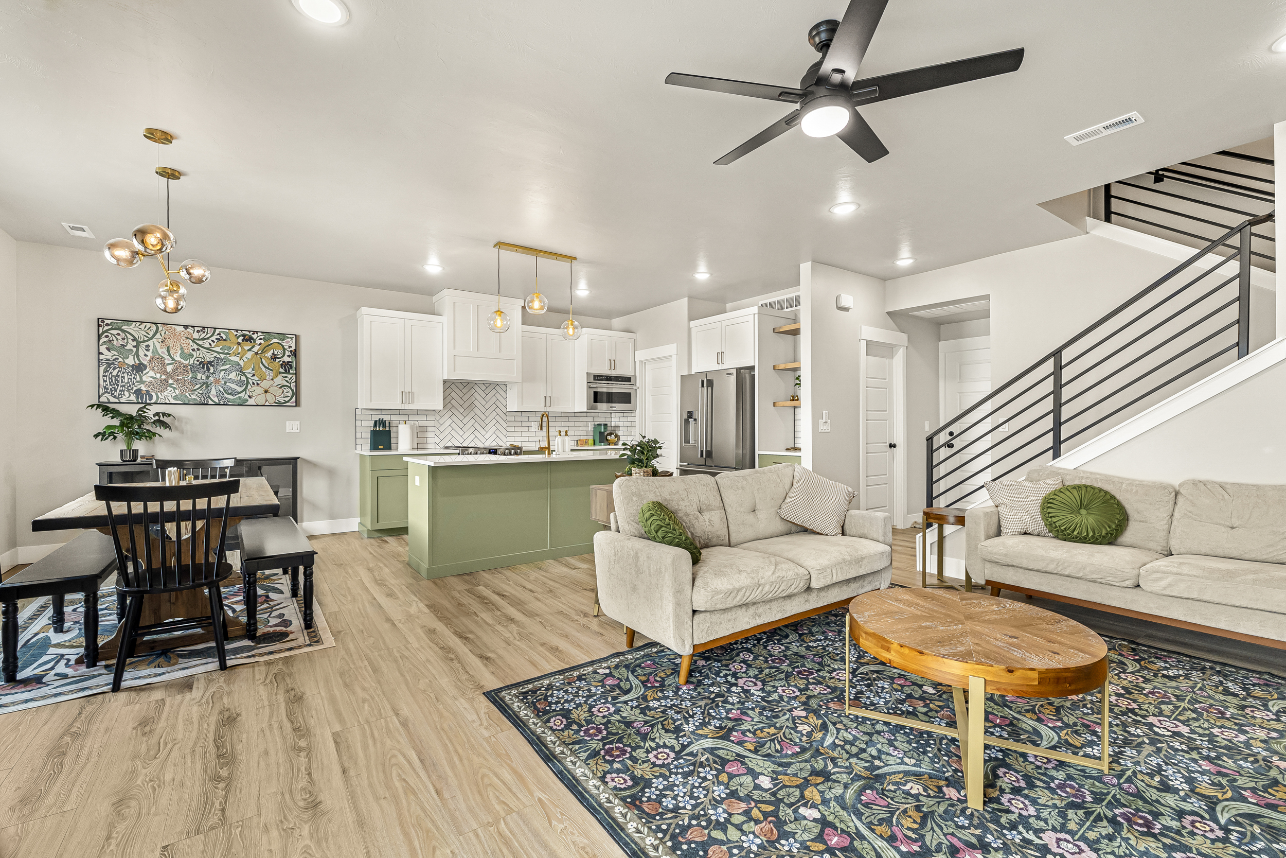 Main level living room, kitchen and dining area.