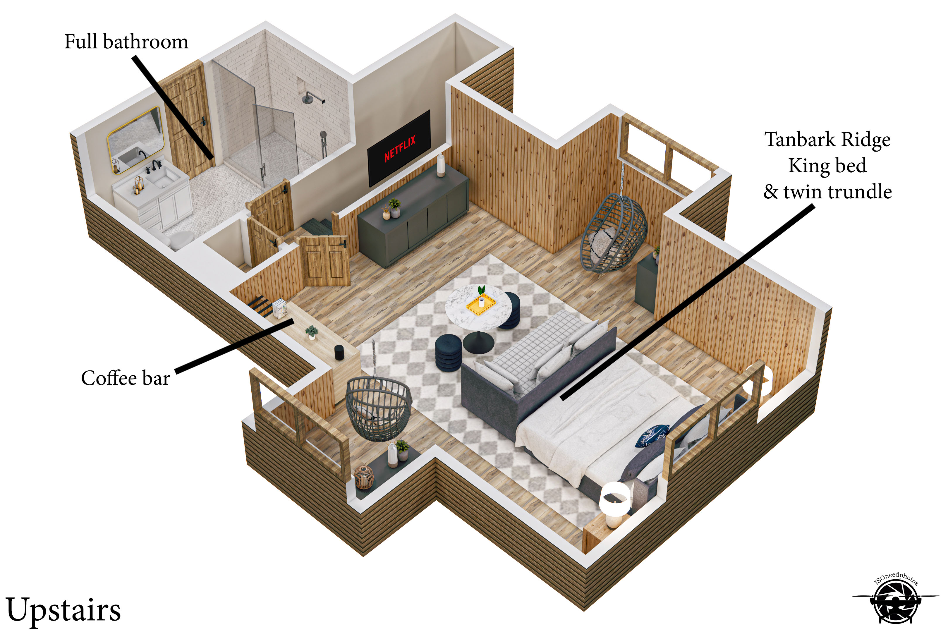 Upstairs you’ll find the Tanbark Ridge primary suite, complete with its own coffee bar.