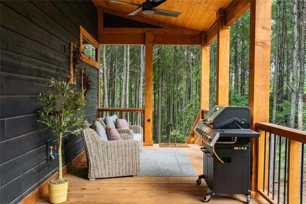 Firepit sits off the back deck stairs.