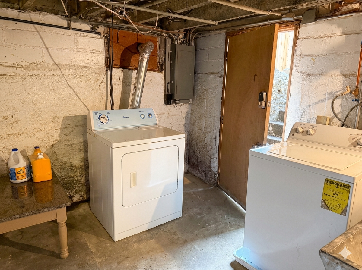 The shared basement laundry area is accessed from the backyard. Detergent and dryer sheets are provided.