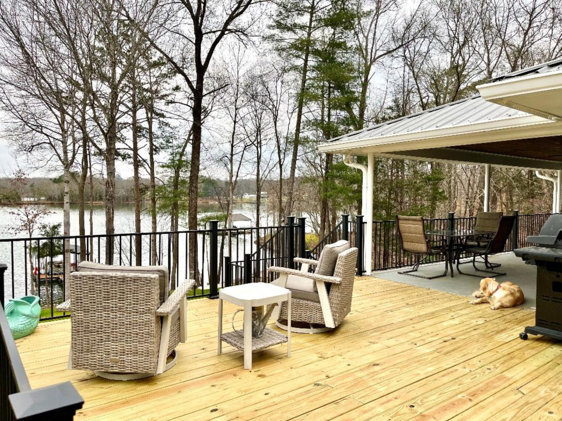 Seating on the deck overlooking the water