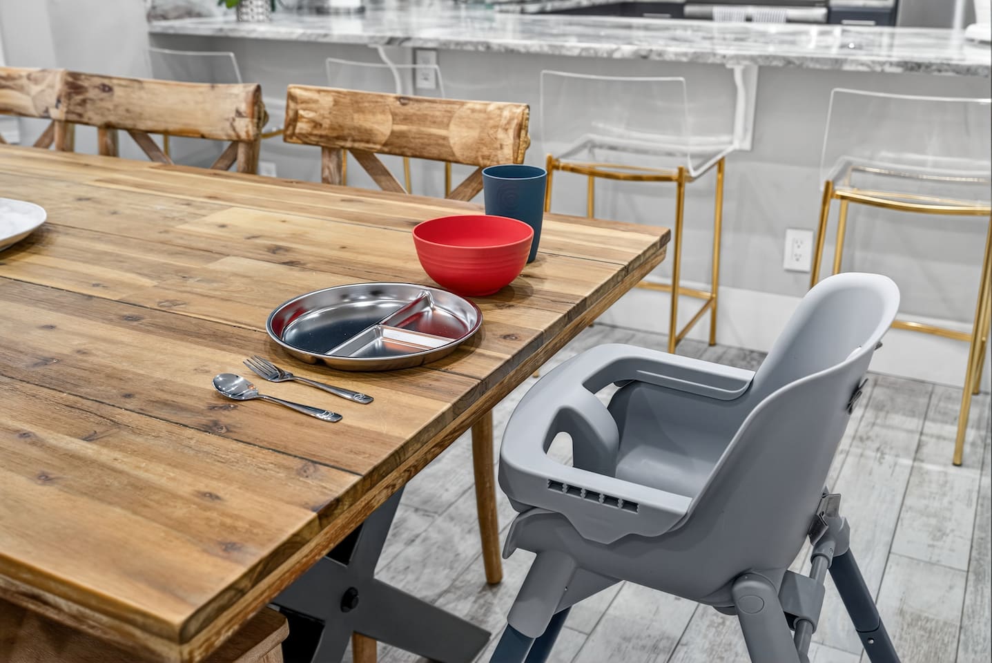 We have a high chair as well as baby/toddler utensils and dinnerware