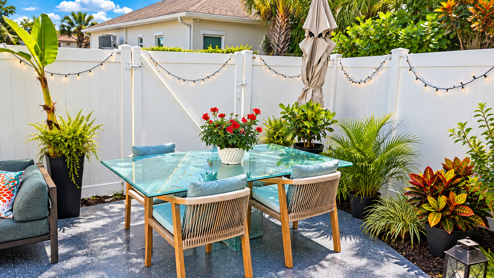 Luxury outdoor privacy fence with contemporary furnishings, perfect for morning coffee or evening entertainment.