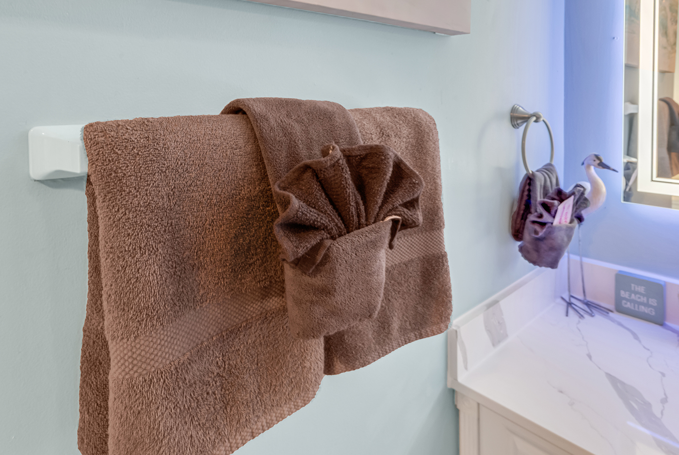 Bathroom stocked with plush towels for your stay