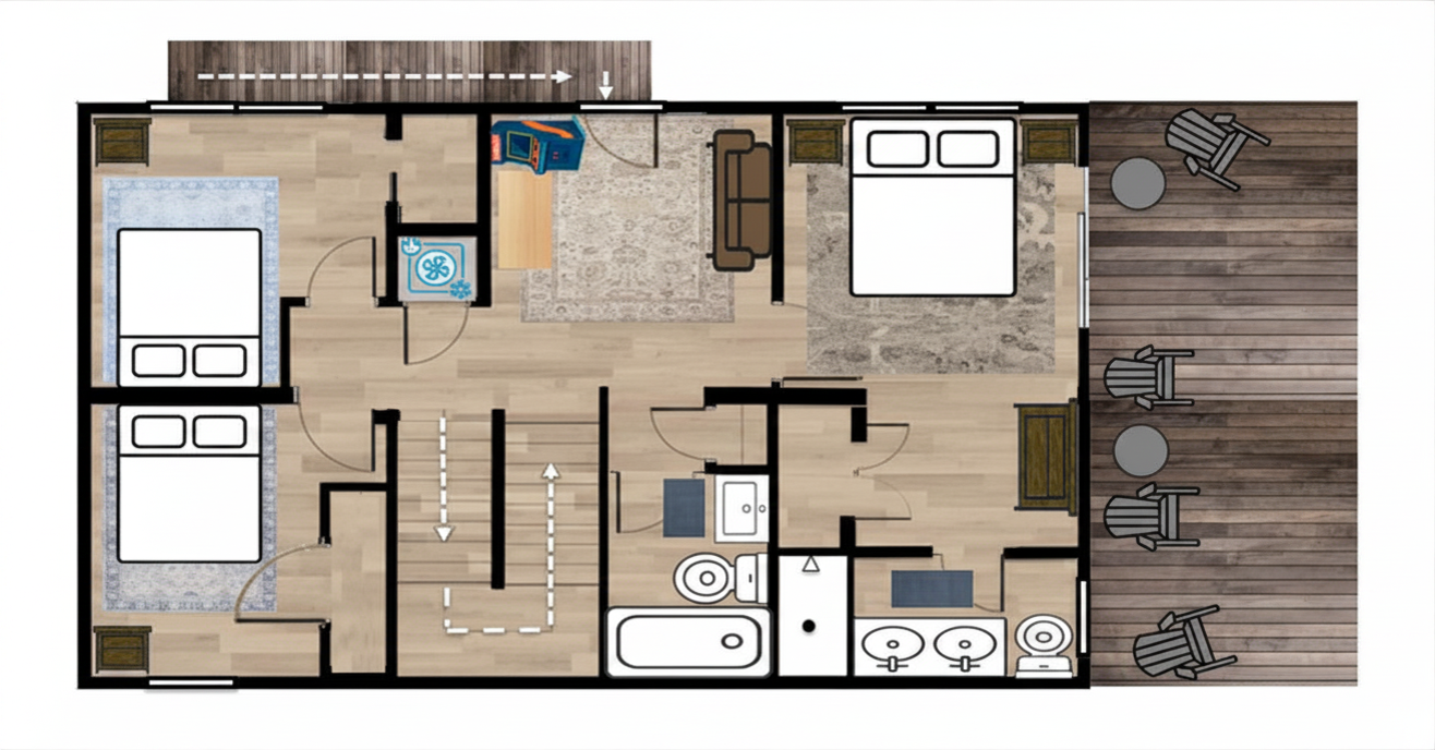The lower level of The Compass Star offers an elevated design with 3 spacious bedrooms and 2 full bathrooms.